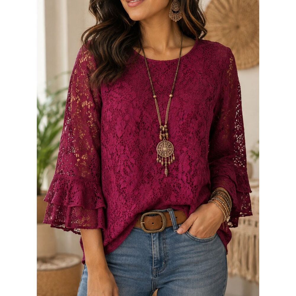 ELLE Women's Medium Burgundy Lace Blouse Bell Sleeve Lined Romantic Boho Top